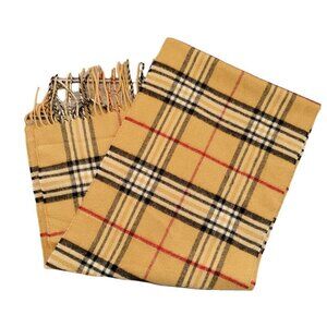 Soft Tan Black Red and white Plaid Fringe scarf 52.5 in x 11 in